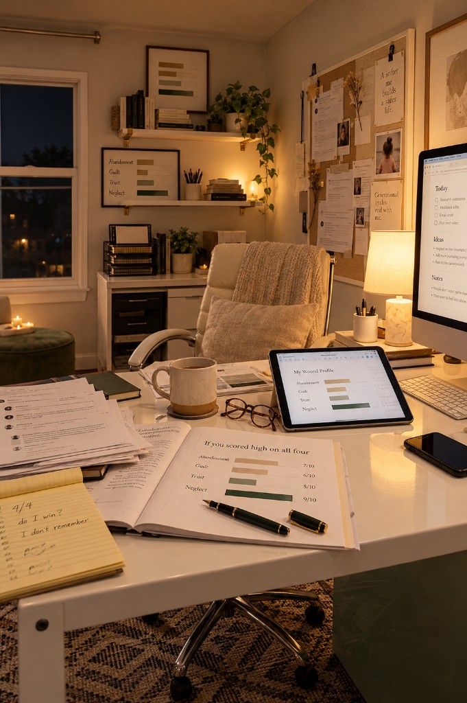 Lucie's desk at night: printed Wound Map, tea, glasses, and an iPad open to a wound profile